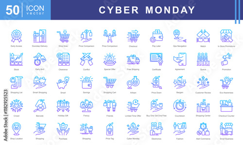 yber Monday icon set with shop and save, checkout counter, red tag sale, online shopping, shop responsibly, door crashers, electronic gadgets, shopaholic, shop local icon.