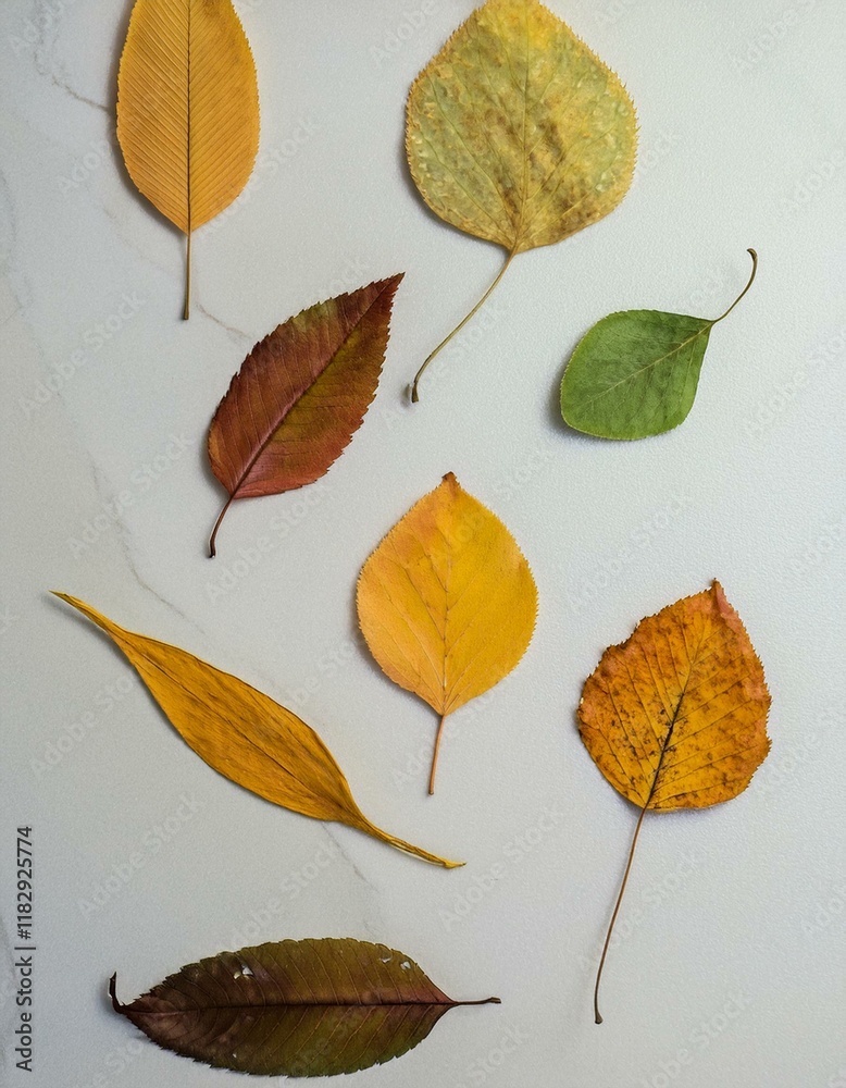 Fototapeta premium Autumn leaves in various shades of yellow, orange, and brown.