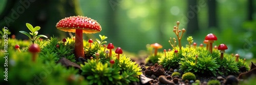 Forest floor with Lycogala epidendrum and moss, myxogastrid, biology, fungi photo