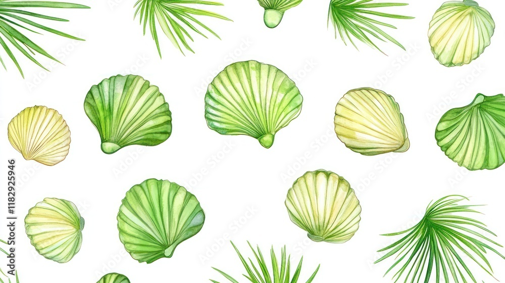 Fototapeta premium Green seashells and palm leaves pattern.