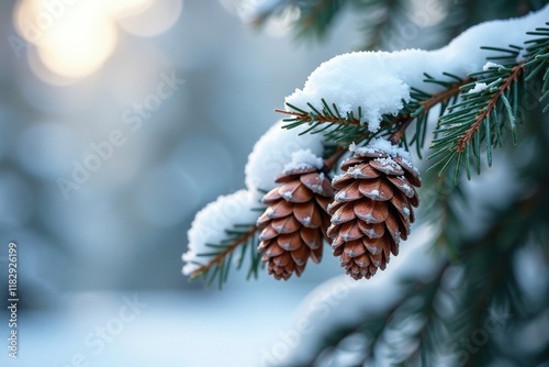 Frosty pinecones cling to snow-covered branches, pinecones, frozen branches, serene