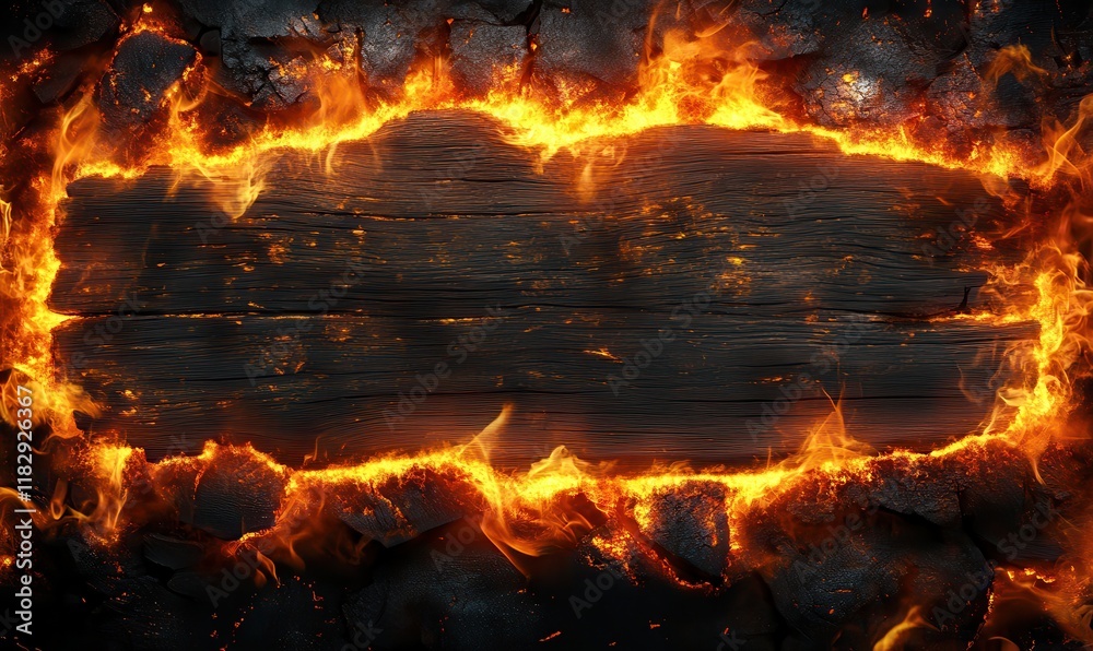 Fiery Frame with Flames Surrounding Wooden Texture on Dark Stone Background Featuring Hot Fire Effects Creating a Dramatic Visual Display Fiery Frame with Flames Surrounding Wooden Texture on Dark Stone Background Featuring Hot Fire Effects Creating a Dramatic Visual Display