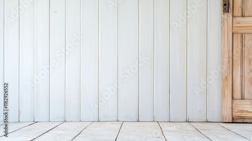 Obraz na płótnie warm white cottage style wall with shiplap paneling and wooden flooring creates cozy atmosphere. natural light enhances inviting feel of space w salonie