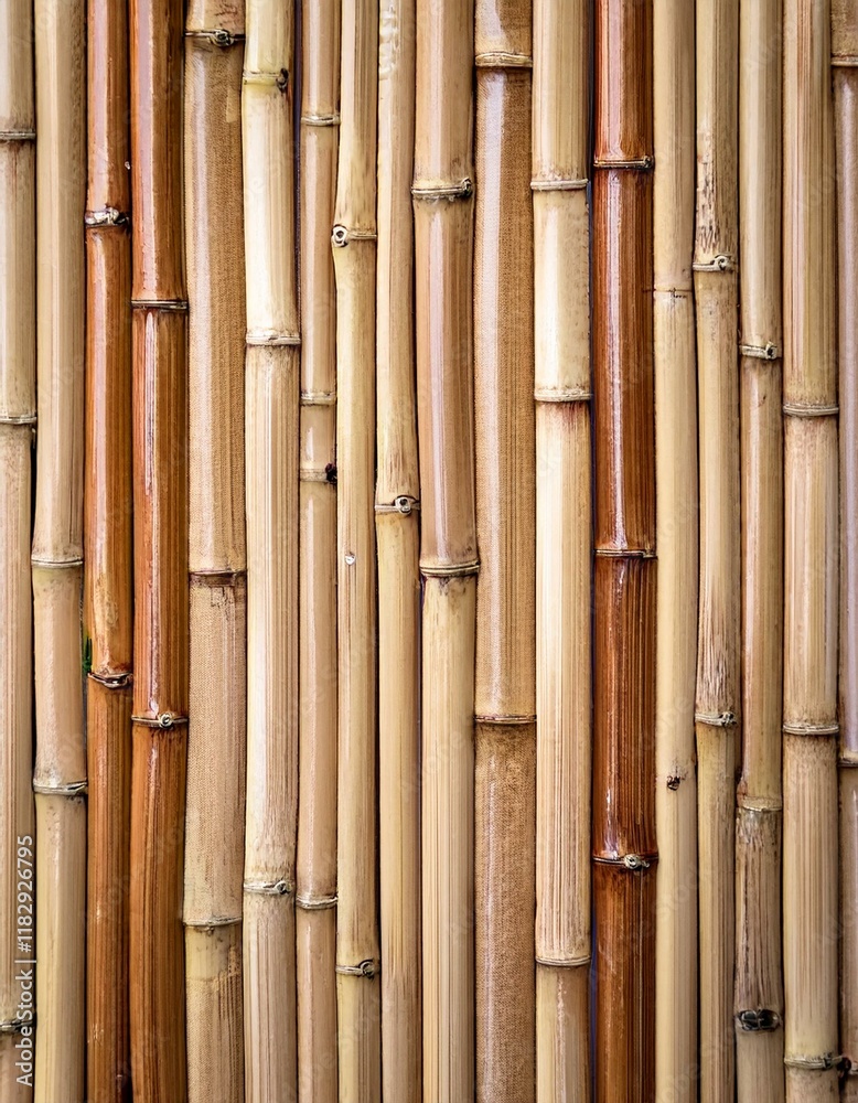 Fototapeta premium Close-up of a wall made of bamboo stalks, showcasing natural textures and earthy tones.