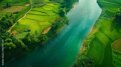 Aerial landscape in Phong Nam valley, Cao bang province, Vietnam with river, nature, rice fields, beautiful destination in Northern Vietnam  - ai