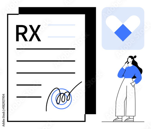 RX prescription form with a signature, thoughtful female character in blue and white, heart icon. Ideal for health, medical advice, pharmacy, doctors office, patient management, medication