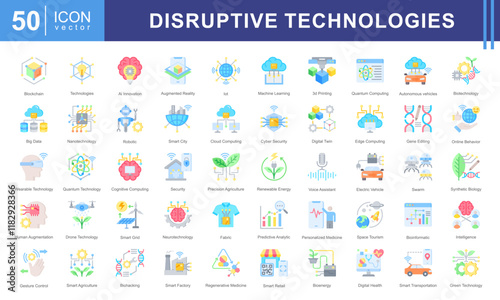 Disruptive Technologies icon set with ai, innovation, blockchain, augmented reality, internet of things, machine learning, 3d printing, quantum computing, autonomous vehicle, and biotechnology.