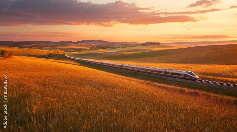 A modern train speeding through vibrant countryside fields at dusk, with colorful skies and golden light casting a serene glow. A modern train speeding through vibrant countryside fields at dusk, with colorful skies and golden light casting a serene glow.