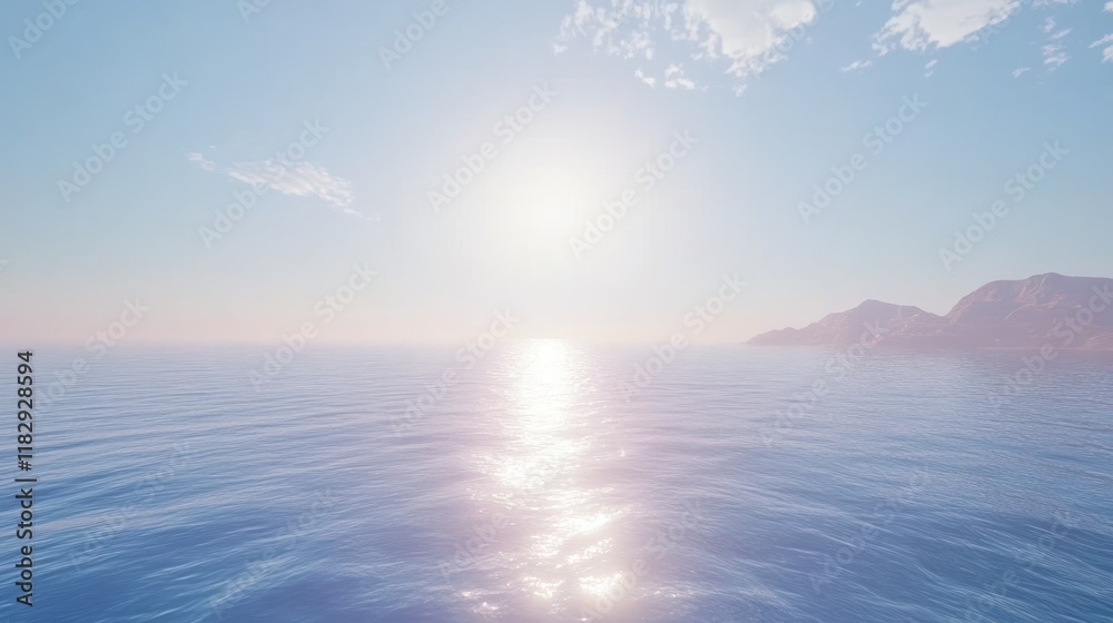 Fototapeta premium Serene ocean sunrise with calm water and distant mountains.