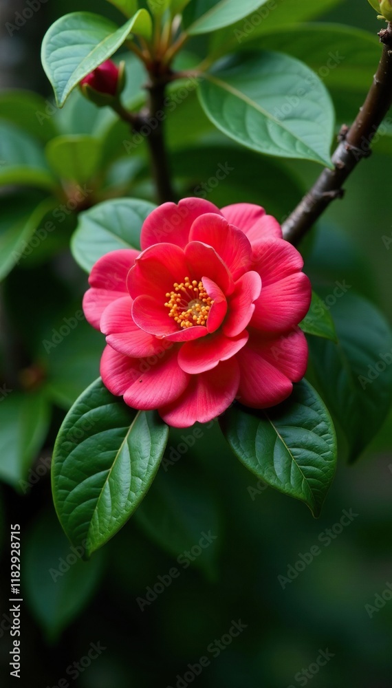 Red camellia blooming on a tree branch with lush foliage, nature, camellia, flowers Red camellia blooming on a tree branch with lush foliage, nature, camellia, flowers