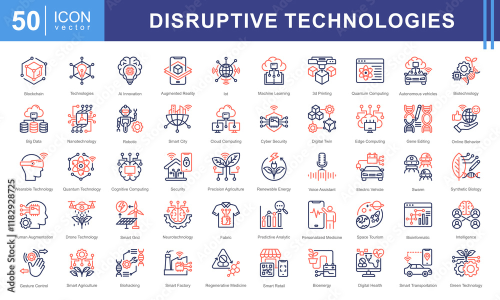 Disruptive Technologies icon set with ai, innovation, blockchain, augmented reality, internet of things, machine learning, 3d printing, quantum computing, autonomous vehicle, and biotechnology.