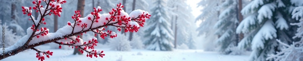 Red tree branch under a blanket of white snow in the forest, red branches, snow covered trees, frozen forest Red tree branch under a blanket of white snow in the forest, red branches, snow covered trees, frozen forest