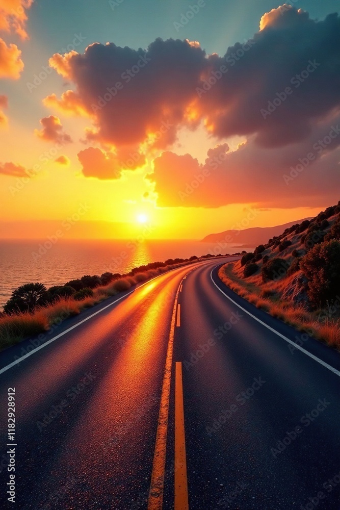 Fototapeta premium Road stretches out to sea horizon at golden sunset, sunset, asphaltpath, hills