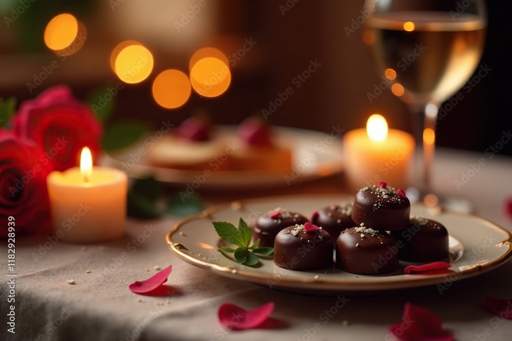Obraz premium Romantic dinner setup with candles and chocolates, cozy, warm, ambiance