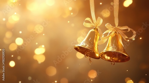 A pair of golden Christmas bells with delicate ribbons, suspended amid soft, glowing holiday lights, evoking a festive and elegant vibe. photo