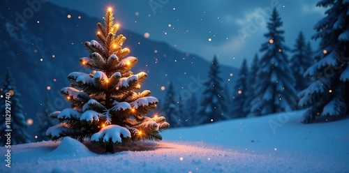 Snowflakes fall gently around a glowing evergreen tree on a snowy night, snowflakes, serene scenery, snowy night