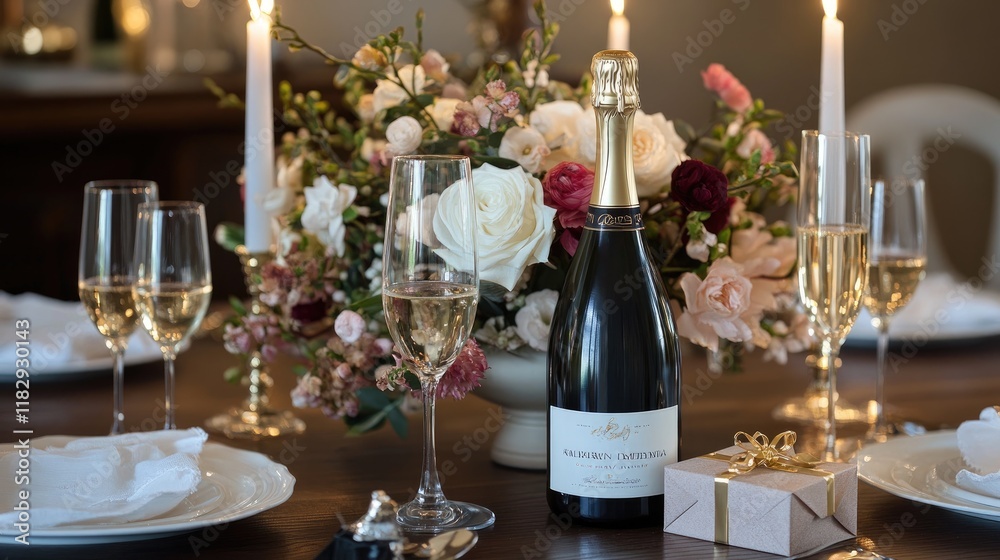 A romantic anniversary table set with champagne, a gift box, and soft lighting, evoking a festive and intimate celebration. A romantic anniversary table set with champagne, a gift box, and soft lighting, evoking a festive and intimate celebration.