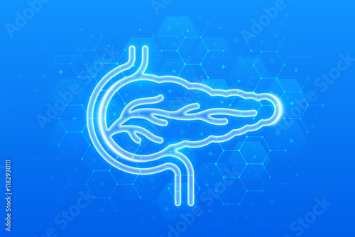 Pancreas icon. Pancreas health, care and protection. Treatment of pancreatic diseases, acute and chronic pancreatitis. Molecular structure. Blue medical background with hexagons. Vector illustration.