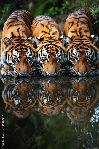 A group of tigers drinking water from a jungle stream, with their reflections visible in the water photo