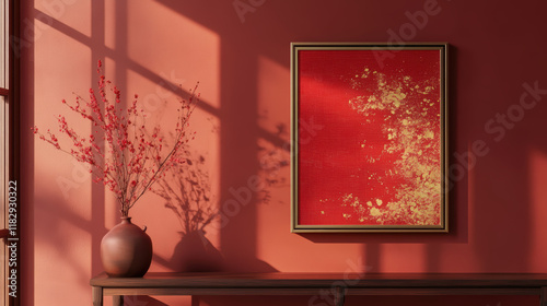Red wall art with gold accents in minimalist room setting