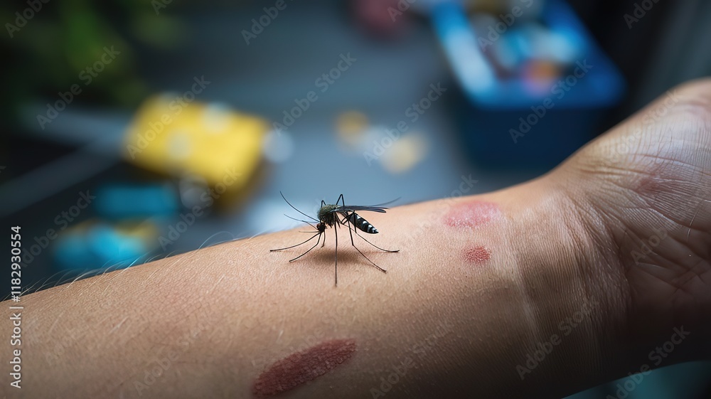 Obraz premium mosquito on the human skin, closeup of a mosquito. made with generative Ai 