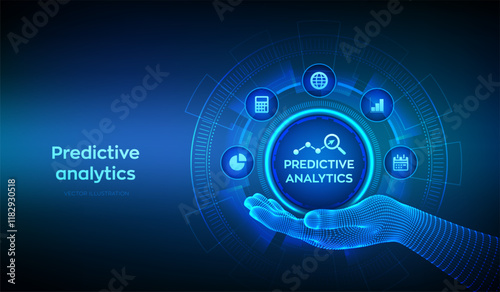 Predictive analytics icon in wireframe hand. Big Data analysis. Business intelligence technology concept on virtual screen. Machine learning. AI. Vector illustration.