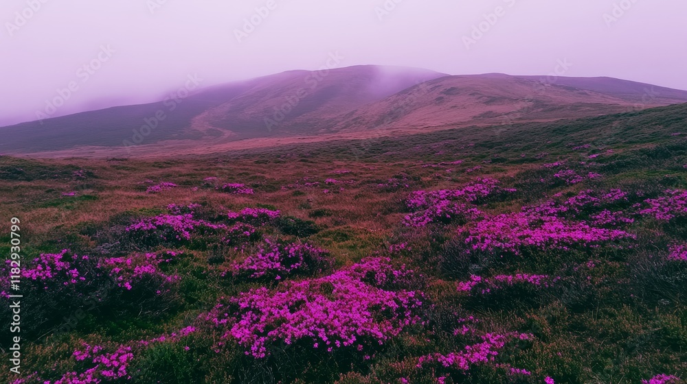 Obraz premium Purple Rhododendron Blooms on Misty Mountainside