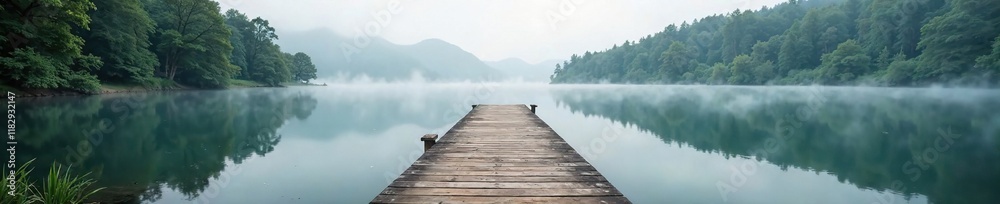 Wooden pier extending into a still lake with surrounding trees and mist, tree, calm, border
