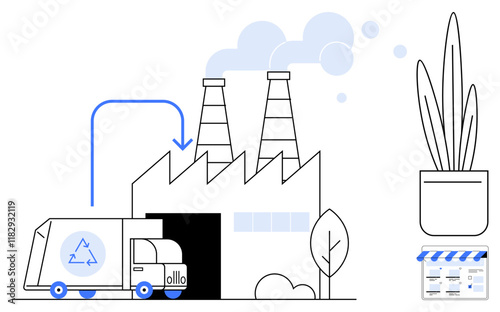 Recycling truck unloading at factory smoke stacks with emissions, plant in pot, store facade. Ideal for sustainability, recycling, industrial processes, environmental conservation, green
