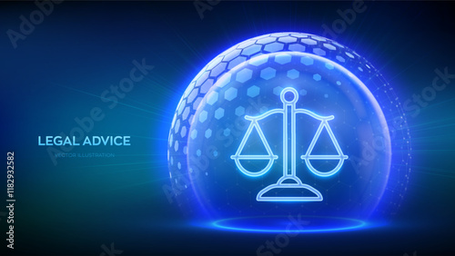 Labor law, Lawyer, Attorney at law, Legal advice. Justice icon inside transparent protection sphere shield with hexagon pattern. Internet law as digital online legal services. Vector Illustration.