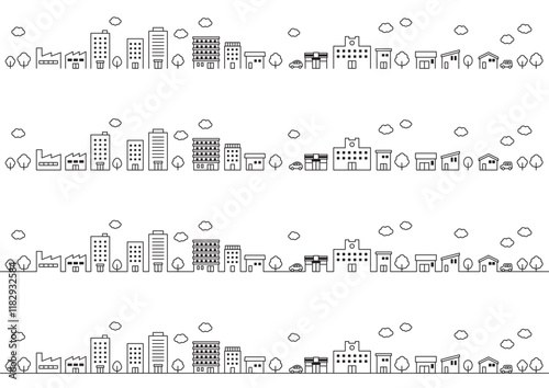 街並みの背景イラスト　線画　黒色
