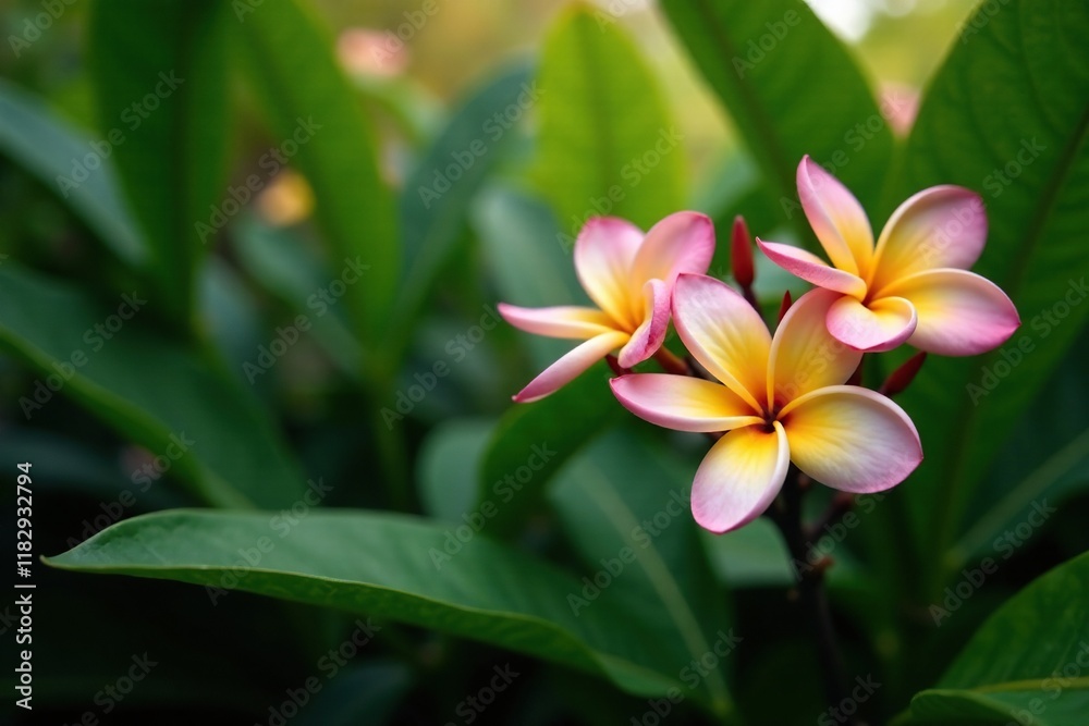 Aromatic frangipani in bloom amidst dense foliage, blooming, leaves, Aromatic frangipani in bloom amidst dense foliage, blooming, leaves,