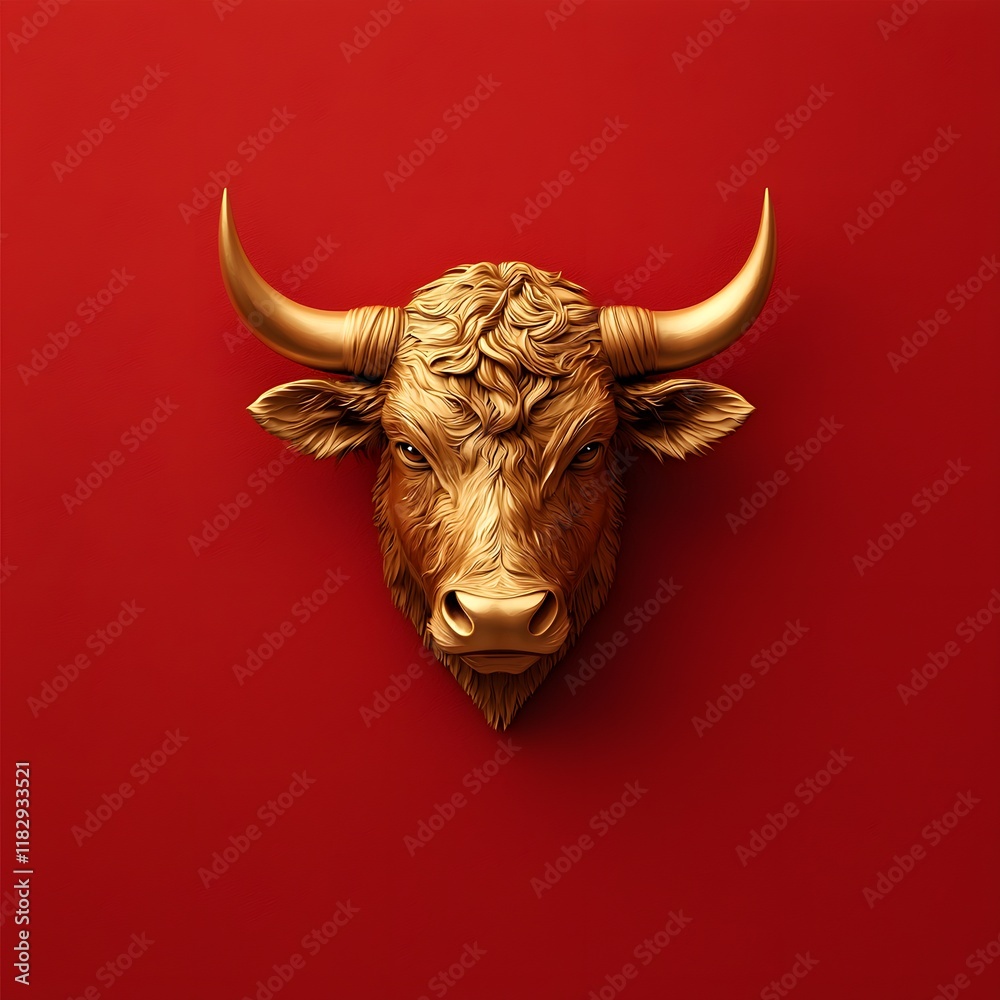 Majestic Golden Bull Head Ornamental Statue Display on Vibrant Red Background Metallic Sculpture Decorative Art Piece Cultural Symbol Mythology Icon Majestic Golden Bull Head Ornamental Statue Display on Vibrant Red Background Metallic Sculpture Decorative Art Piece Cultural Symbol Mythology Icon