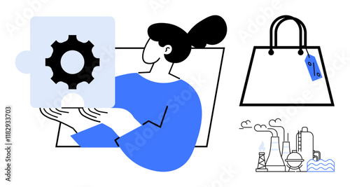 Businesswoman holding gear puzzle piece, representing problem-solving and innovation. Nearby, a shopping bag hints at commerce while an industrial factory suggests production. Ideal for business