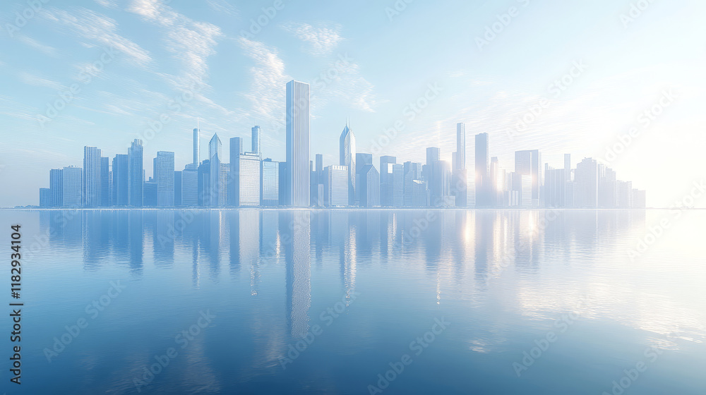 Fototapeta premium serene view of Chicago skyline reflecting on calm waters, showcasing modern architecture