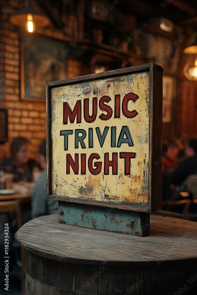 A sign that reads “MUSIC TRIVIA NIGHT” - PUB - BAR - QUIZ - CONTEST - THEME NIGHT