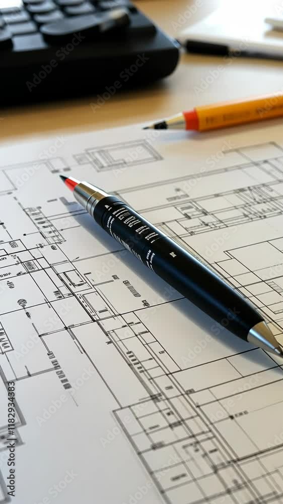 Architectural blueprint and drafting tools on a workspace displaying intricate design details and planning for a project
