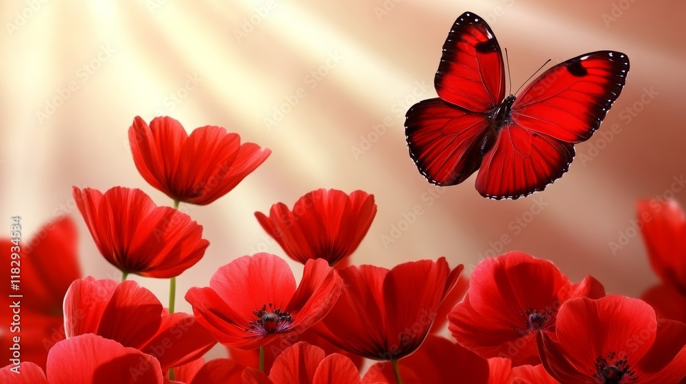 Obraz premium Red Butterfly and Poppies in Sunlight Radiance
