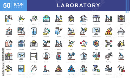 Laboratory icon set of lab, university, microscope, hospital, school, medical, innovation, safety, clinic, physics, scientific, cell, poison, experiment, equipment, crime, beaker, chemist, flammable.