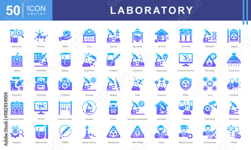 Laboratory icon set of lab, university, microscope, hospital, school, medical, innovation, safety, clinic, physics, scientific, cell, poison, experiment, equipment, crime, beaker, chemist, flammable.