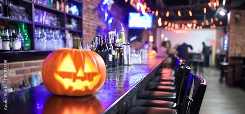 Festive Halloween Bar Scene with Pumpkin Decoration and Spooky Atmosphere photo