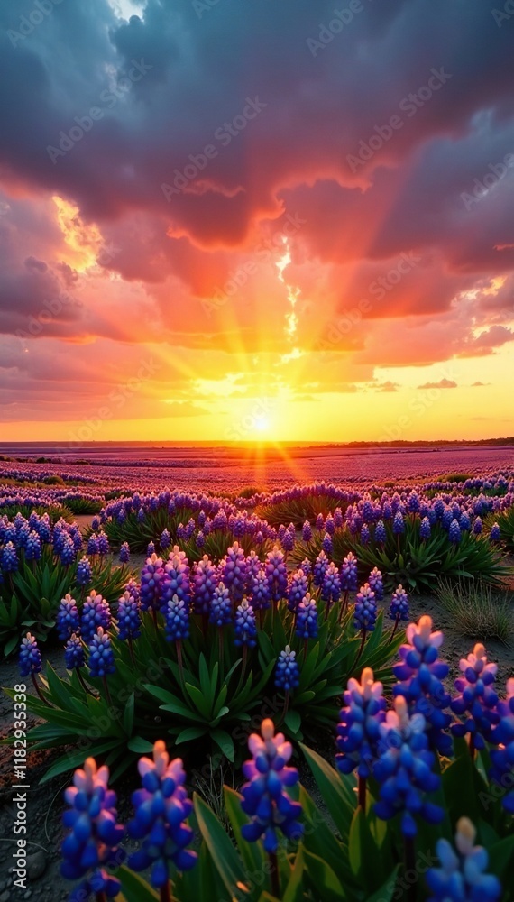 Fototapeta premium Golden hues of sunset casting over vast Texas bluebonnet sea, horizon, colors, sunset