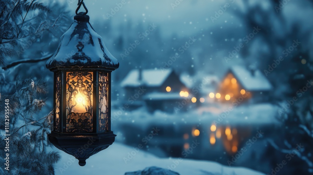 An ornate winter lantern casting a gentle light over a snowy village, evoking a sense of comfort and tranquility in the cold winter night. An ornate winter lantern casting a gentle light over a snowy village, evoking a sense of comfort and tranquility in the cold winter night.