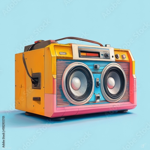 Retro Boombox Illustration with Colorful Speakers and Dynamic Sound Waves photo