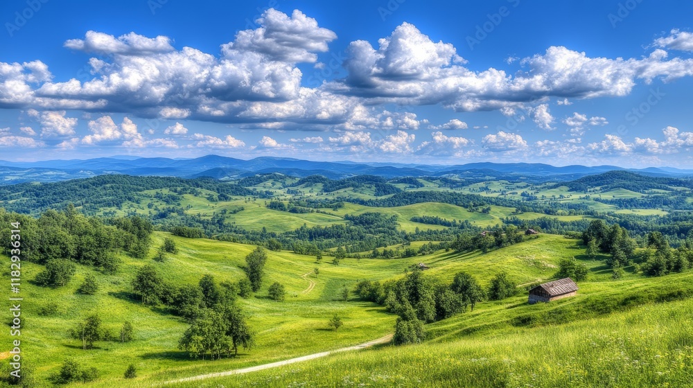 Naklejka premium Rolling Green Hills Summer Landscape Farmhouse View