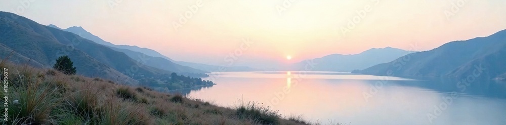 Fototapeta premium Minimalist landscape with a serene lake in the distance, quiet, serene, peaceful