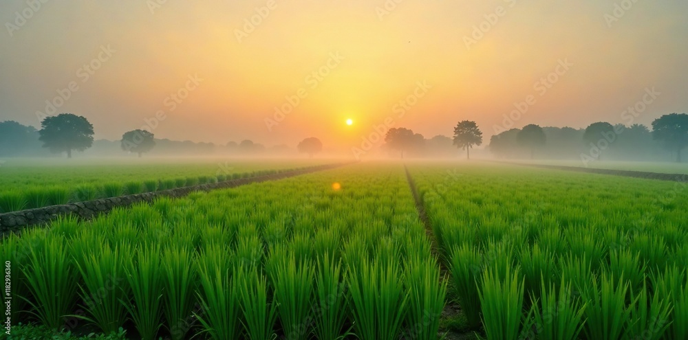 Misty dawn creeps over the paddy field as morning sunlight slowly rises above the horizon, morning light, green grass Misty dawn creeps over the paddy field as morning sunlight slowly rises above the horizon, morning light, green grass