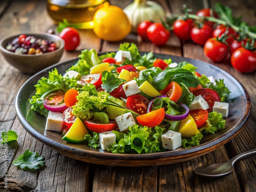Fresh Garden Salad with Vibrant Vegetables and Feta Cheese – Healthy Eating Stock Photo Fresh Garden Salad with Vibrant Vegetables and Feta Cheese – Healthy Eating Stock Photo
