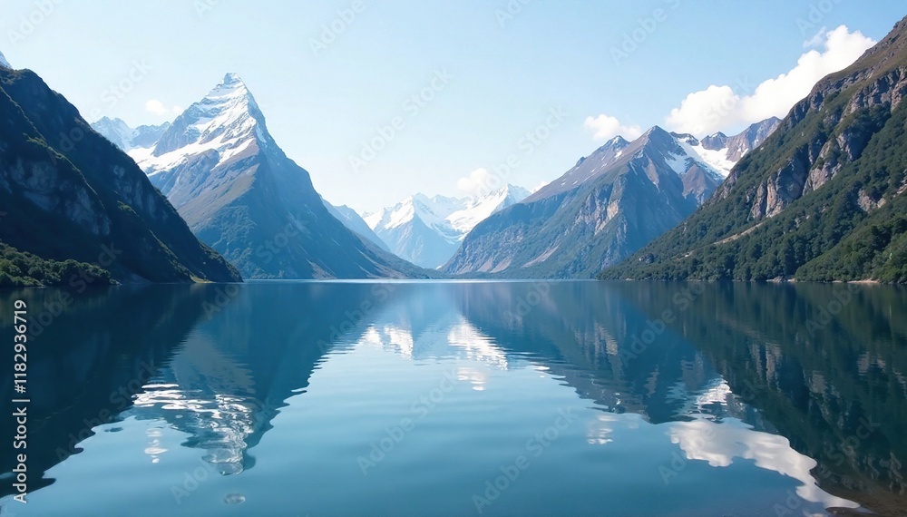 Naklejka premium Mountain peaks reflected in still waters of a fjord, reflection, glassy surface