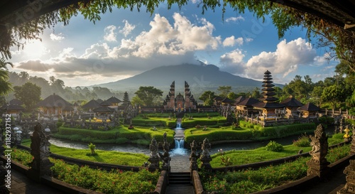 Mystical Temple Vista: An eye-level view of the iconic temple, offering an immersive experience of its grandeur, the intricate architecture. Set against a vibrant landscape and majestic mountains. photo